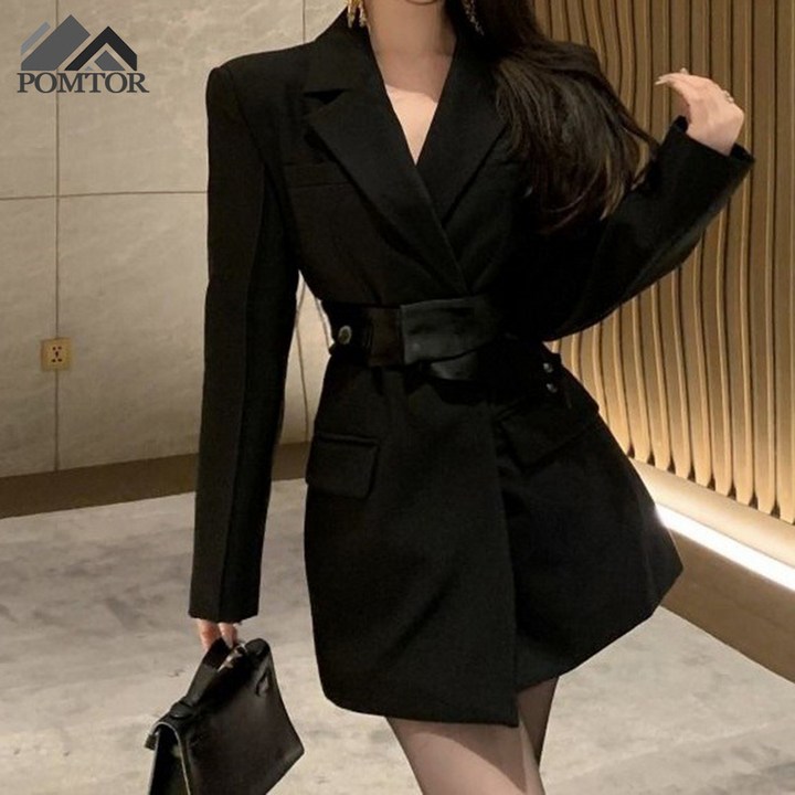 POMTOR 봄가을 여성 정장 원피스 긴팔 허리 조임 숏 정장 코트