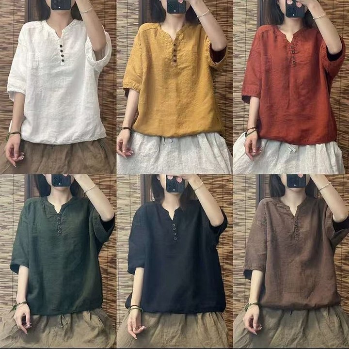 여성티셔츠 5부소매 중년 면마티 브이넥 단추 캐주얼 루즈핏 린넨 풀오버 6종칼라
