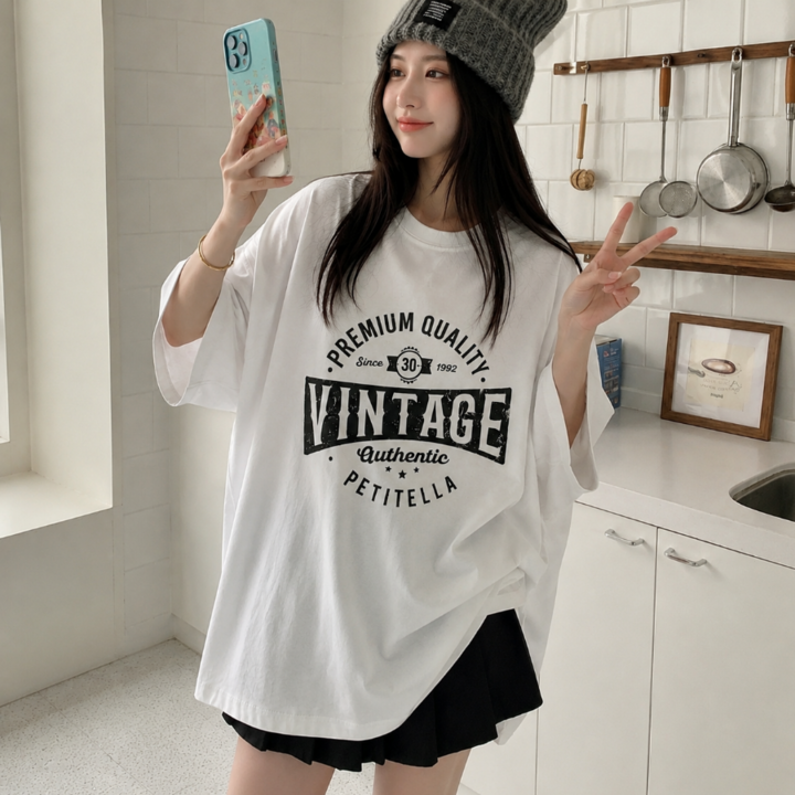 쁘띠엘라 빈티지 순면 반팔티 면티셔츠 박스핏 빅사이즈