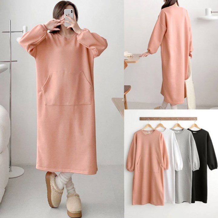 아이우먼 빅사이즈 캥거루 주머니 기모 롱 원피스 퍼프소매 겨울 캐주얼 ops 55110 size 여성큰옷