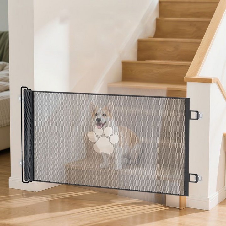 Equator 강아지안전문 반자동 롤링 메쉬 무타공 고양이 안전문, 1개, 블랙
