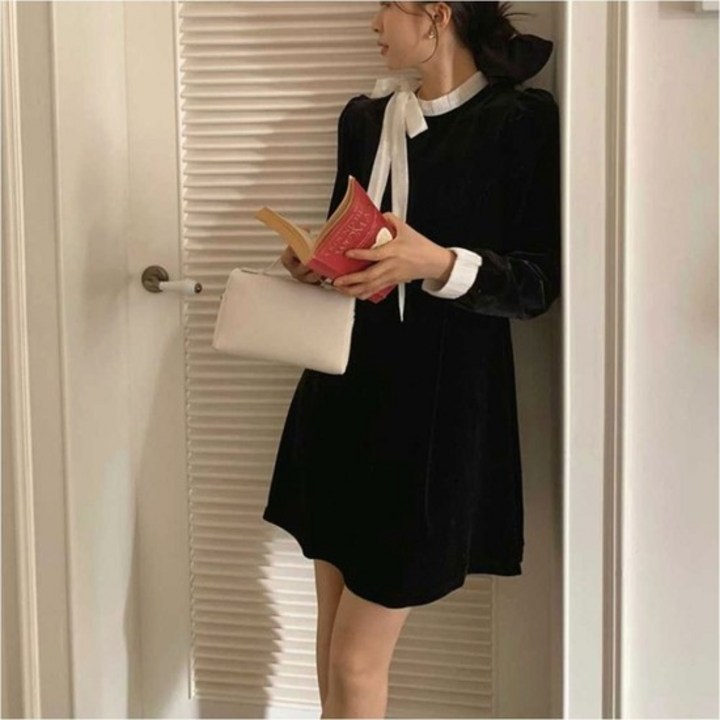 여성 하객룩 벨벳 리본 타이 블랙 배색원피스 연말룩 여자리본원피스 A라인원피스