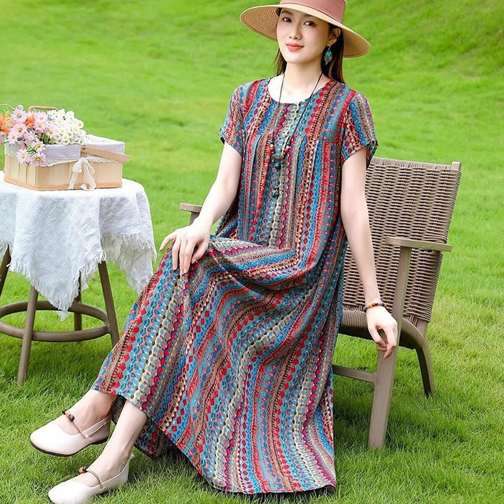 ORZQU 중년 여성 여름원피스 면  빅 사이즈 루즈핏 라운드넥 반팔 휴양지원피스 프린트 롱 스커트 홈웨어