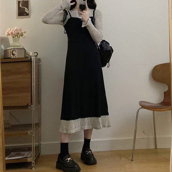 천하오 여성용 패치 슬림 원피스 라운드 롱 원피스 TZ1054