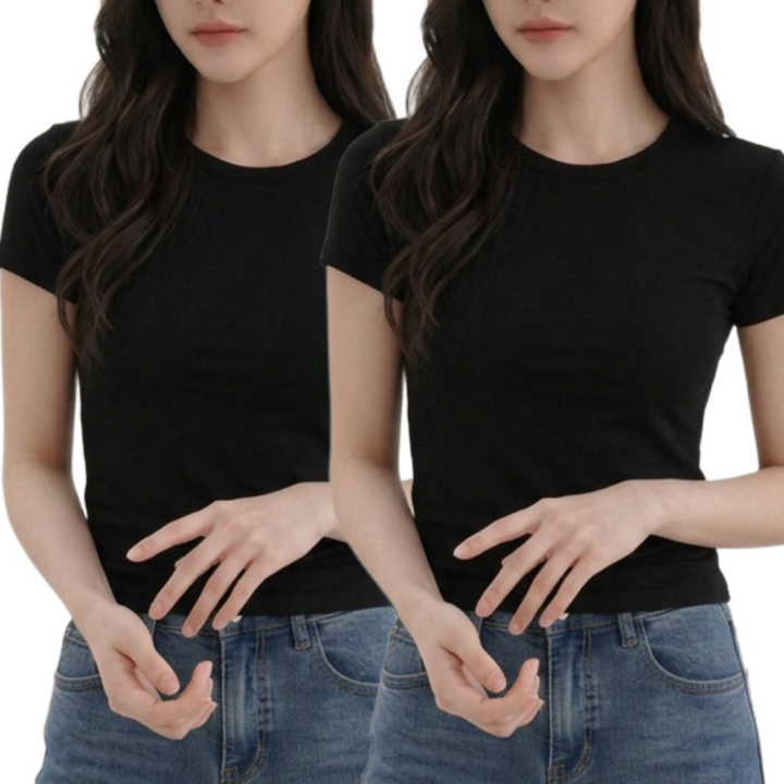 도도미아 1+1 여성 슬림핏 스판 라운드 반팔티