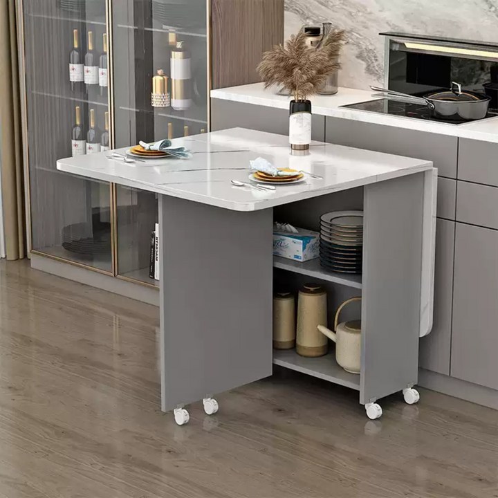 이동식 접이식 식탁 가정용 소형주택형 신축, 4인용, 프리미엄 그레이화이트 마블링