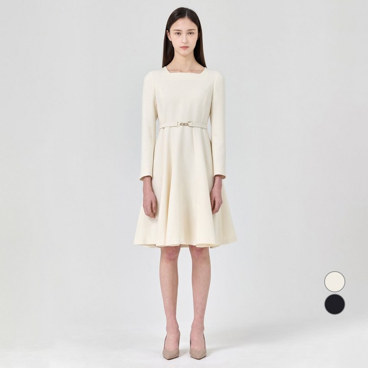 케네스레이디 여성용 스퀘어넥 솔리드 플레어 원피스