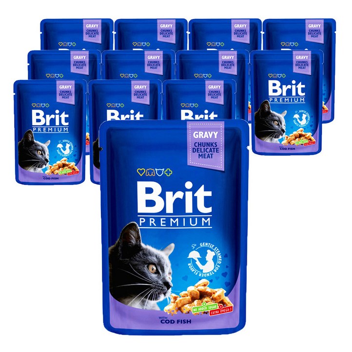 브리트 고양이 전연령용 프리미엄 주식파우치 습식사료 대구 피쉬, 닭, 100g, 12개