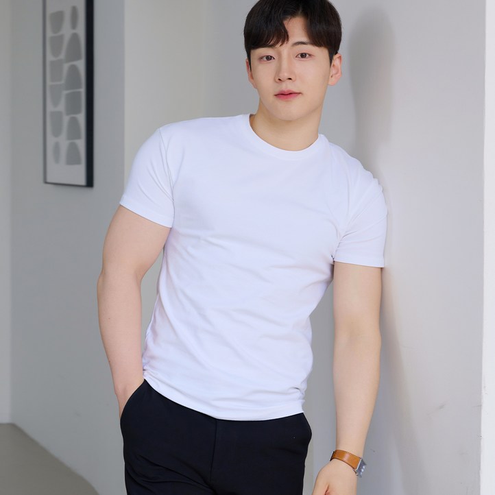 핵쿨남 남성용 머슬핏 반팔 라운드 티셔츠