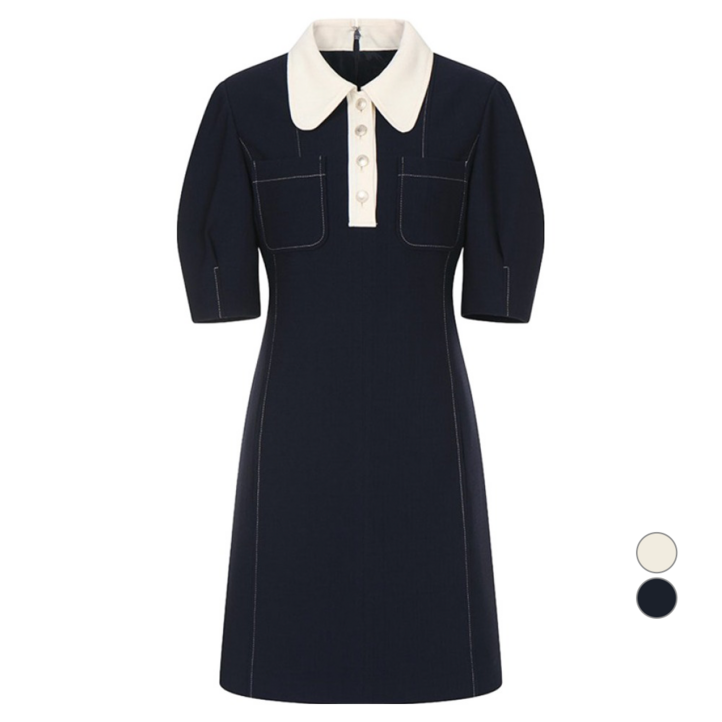 올리브데올리브 여성용 라운드 배색 카라 슬림핏 미니 원피스