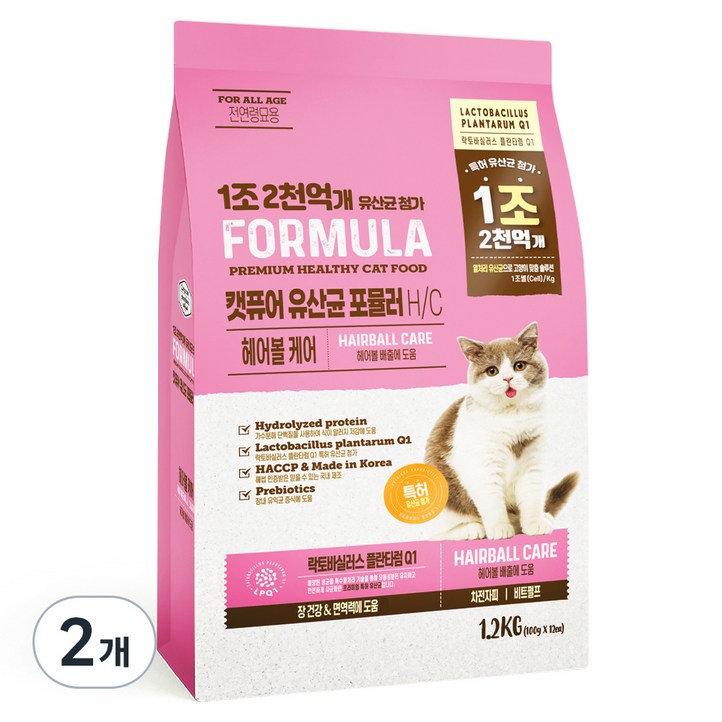 캣퓨어 고양이 유산균 포뮬러 H  C 헤어볼케어 사료, 장건강유산균, 1.2kg, 2개