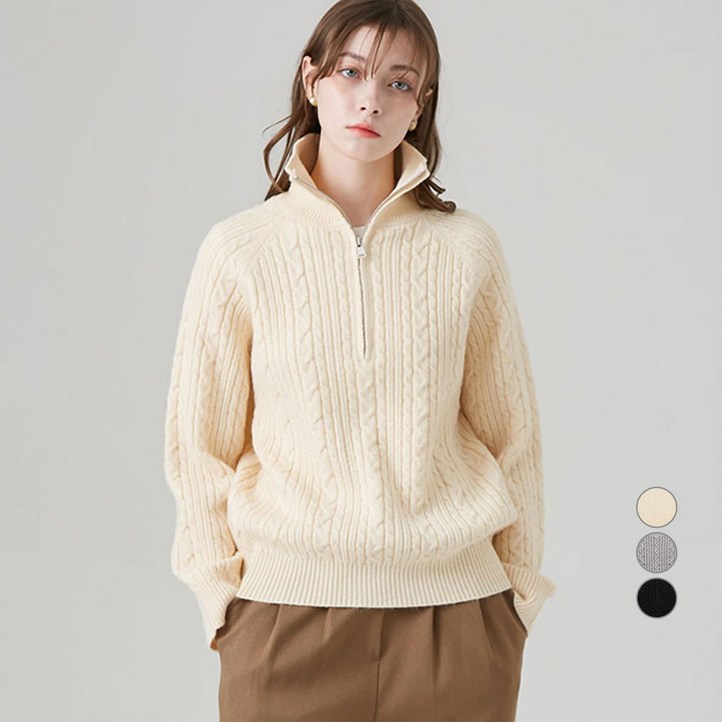 ELLE PARIS 여성용 라글란 슬리브 케이블 니트 하프 집업