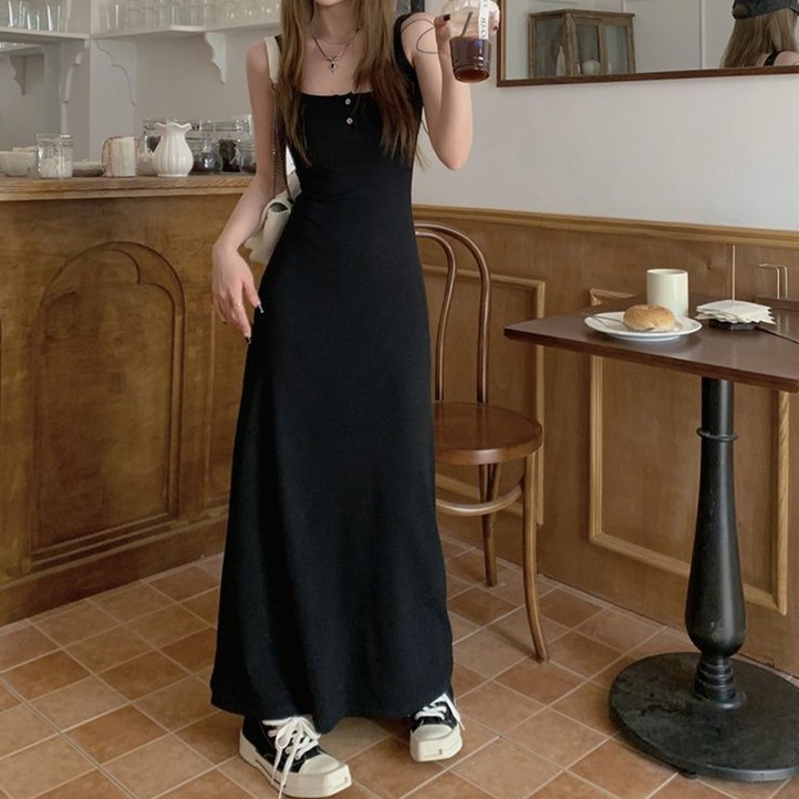 비비에모 슬림핏 다이아나 버튼 민소매 롱 원피스 10562 빅사이즈 포함