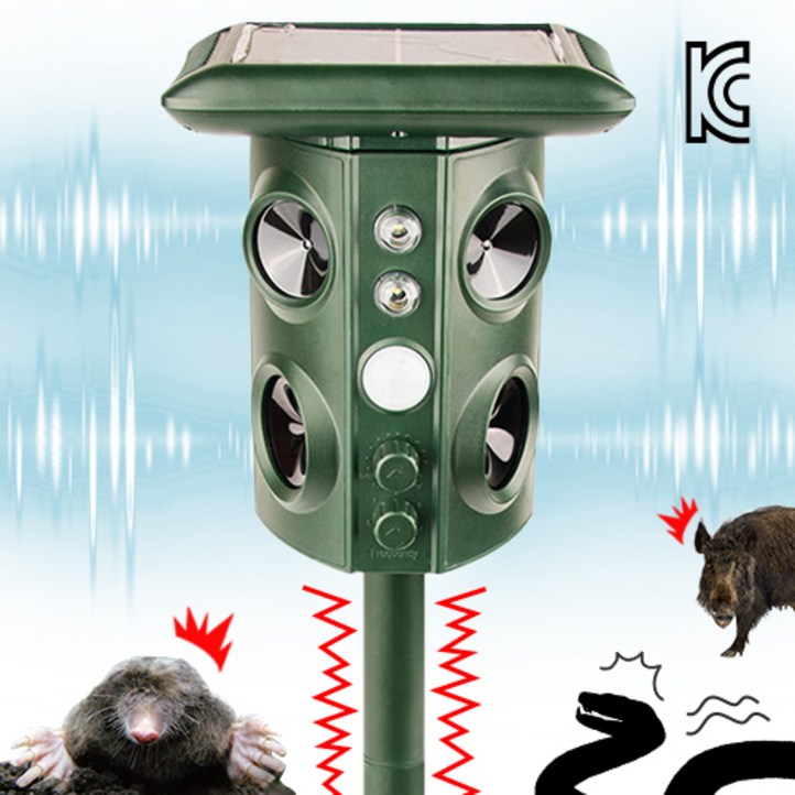 당일출고 테크이지 무선 야생동물 퇴치기 4개 초음파 스피커 기계파 진동 태양열 충전 땅속까지 진동 초음파 LED 5종모드 kc인증 뱀 두더지 멧돼지 고라니,1개