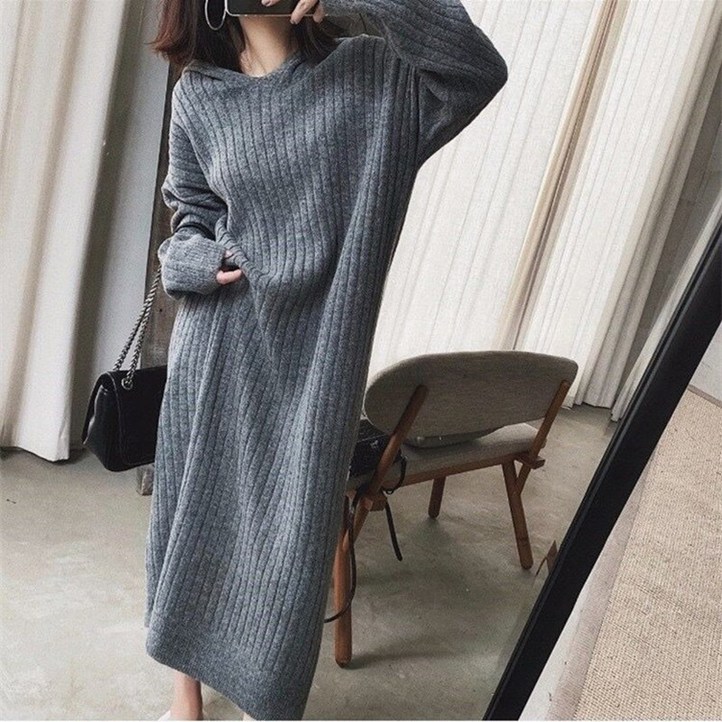 ANYOU 여성 봄 후드 원피스  데일리 니트 롱 스커트 치마