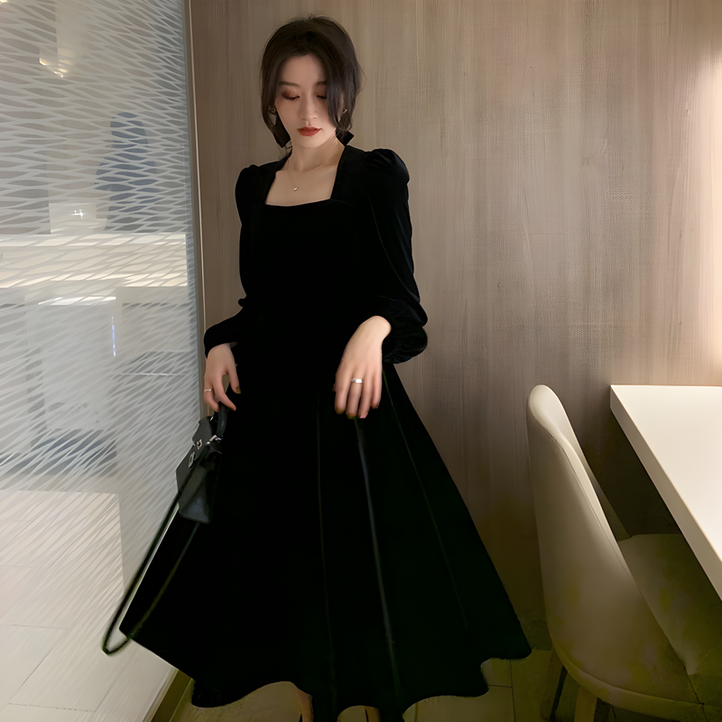 여성 우아한 A라인 벨벳 플레어 원피스 롱 하객룩 여성 우아한 A라인 벨벳 플레어 원피스 롱 하객룩