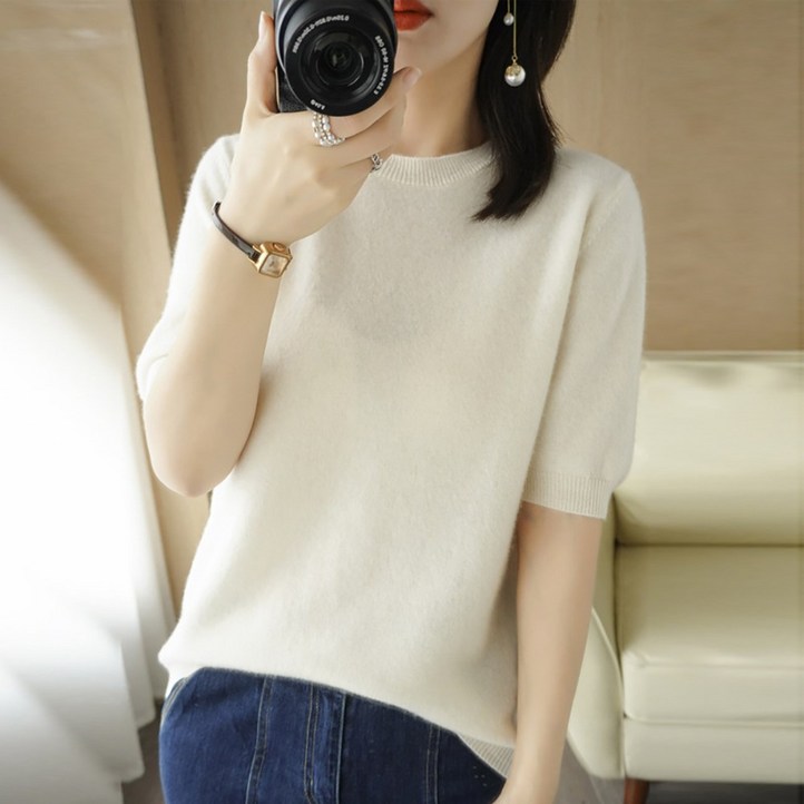 데일리쮸 여성 반팔 라운드 니트 티셔츠