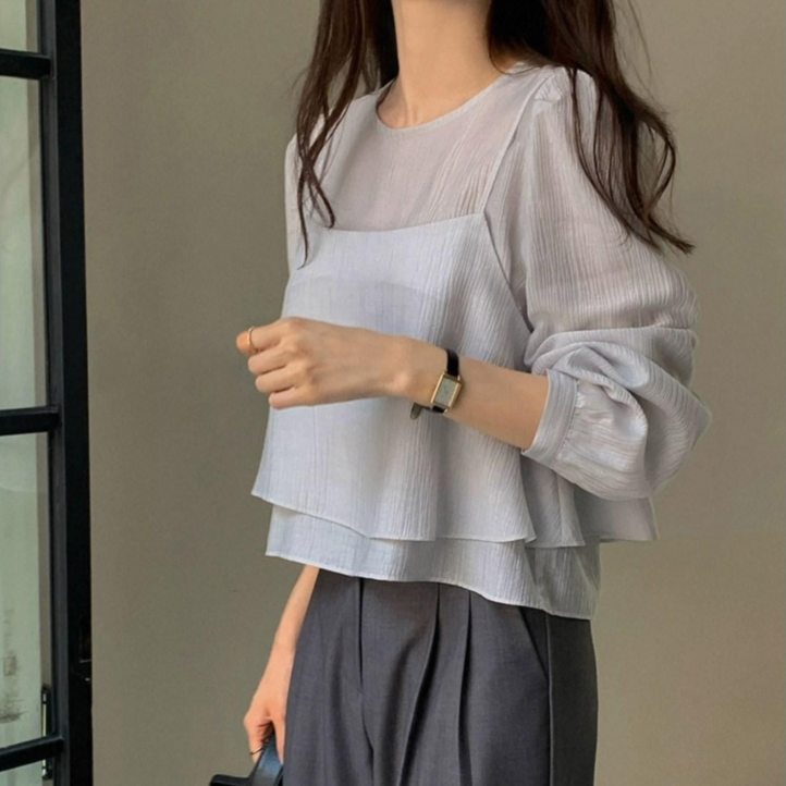 MOMOKA 뷔스티에긴팔블라우스 투피스 가을블라우스 오피스룩 로맨틱 데이트룩 여성블라우스