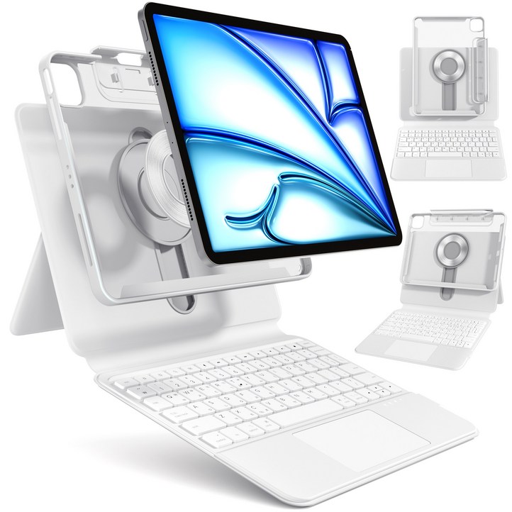 AITEWO 아이패드 매직키보드 케이스 펜슬 수납 360도회전 일체형 맥세이프 세로 가로 트랙패드 에어7654321세대 프로 1110.91312.9인치, 화이트, 에어76세대 13 프로6543세대 12.9, 1개