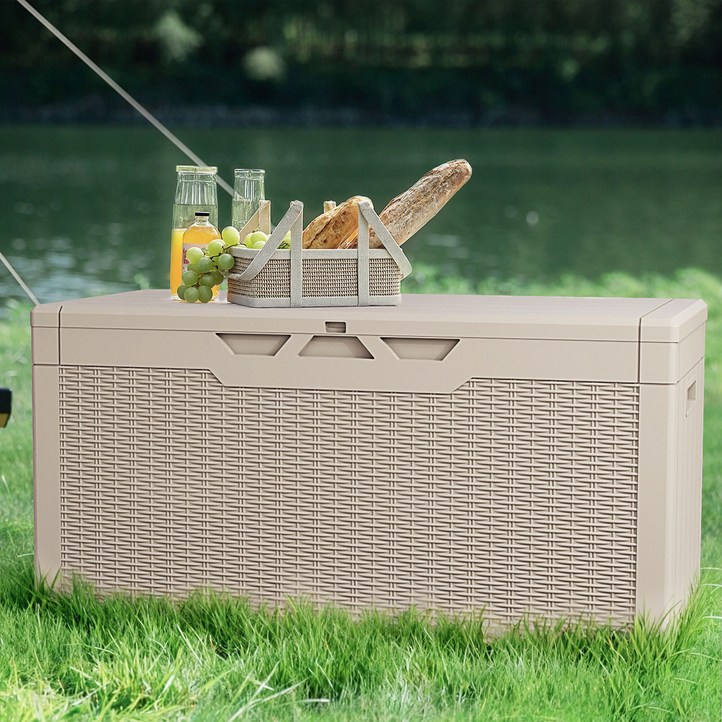 Homall 데크박스 실내 야외 캄핑 다용도 플라스틱 보관함 400L, 1개, 연한 갈색