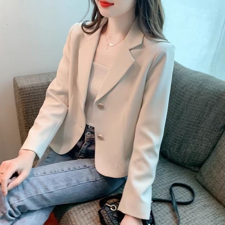 AOKADA 여성 봄 가을 캐주얼 크롭 정장 자켓 루즈핏 심플 블레이저 키작녀