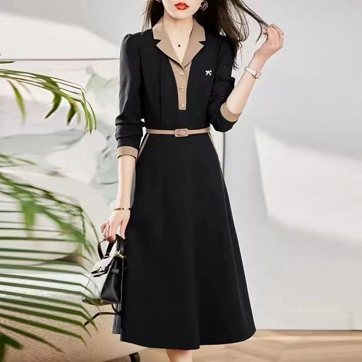 AOKADA 여성 봄 겨을 카라 배색 긴팔 오피스룩 하객룩 슬림 벨트 정장 롱 원피스