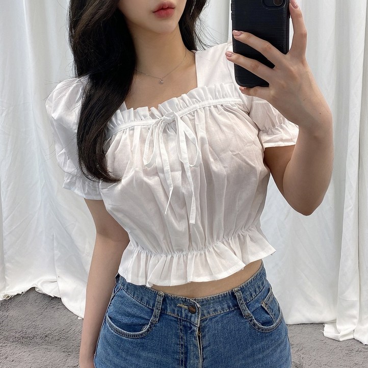 바나나2 퍼프 소매 스퀘어넥 크롭 무지 블라우스