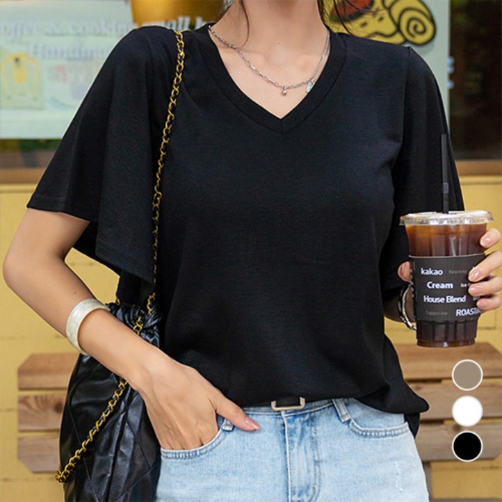 나크21  55120 플레어 소매 브이넥 티셔츠 KO32T19