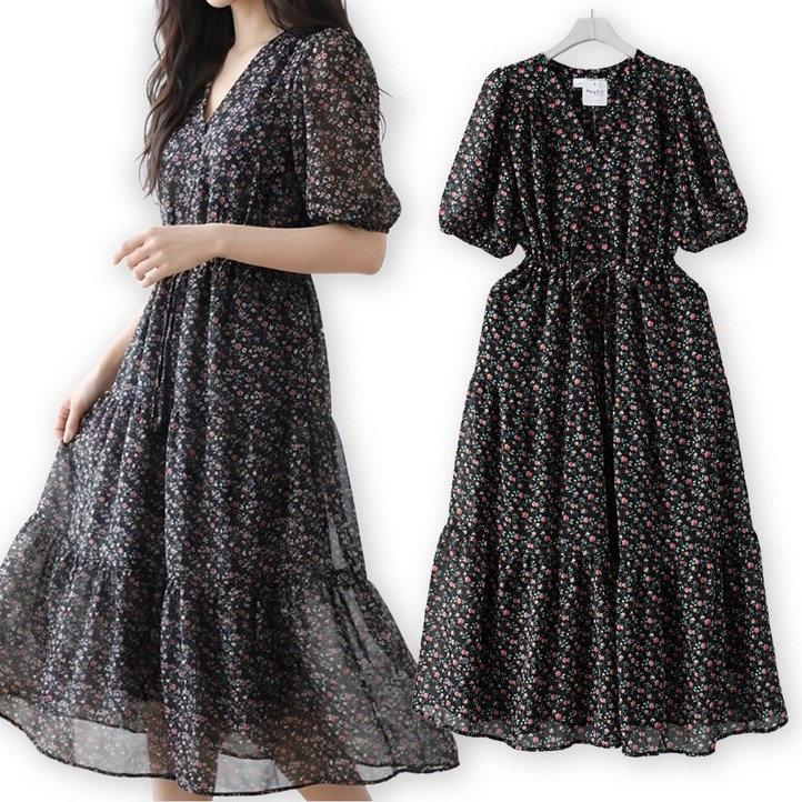 메리앤유 러블리 잔꽃 브이넥 스트링 쉬폰 원피스 휴양지 데일리