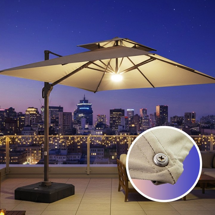 밀라노 3M 폴딩 사각 파라솔 150kg 받침대 LED등 포함 정원 야외 공원 사각 인테리어 카페 커피숍, 초코