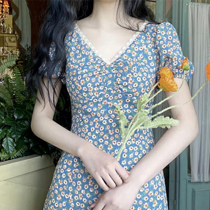 해피유통 여성 플라워 원피스 블루 브이넥 퍼프 롱 원피스 jhljq