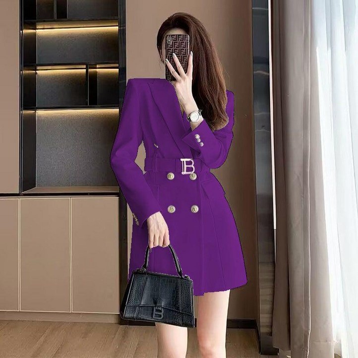 해피유통 여성용 봄가을 하프 통근 소향풍 슬림 터틀넥 더블 벨트 정장자켓 아우터  LWJ