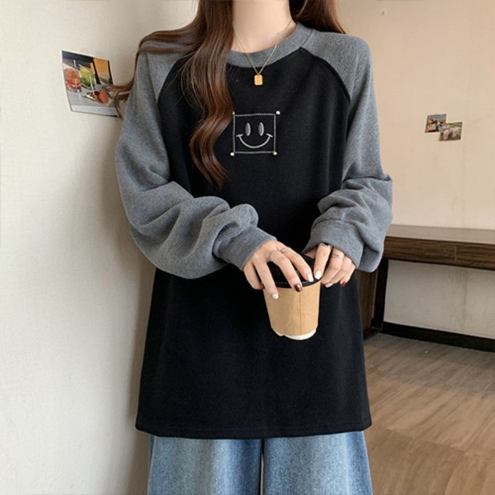 나바바 NT3191 여성 1+1 캐주얼 자수 포인트 나그랑 라운드넥 긴팔 맨투맨