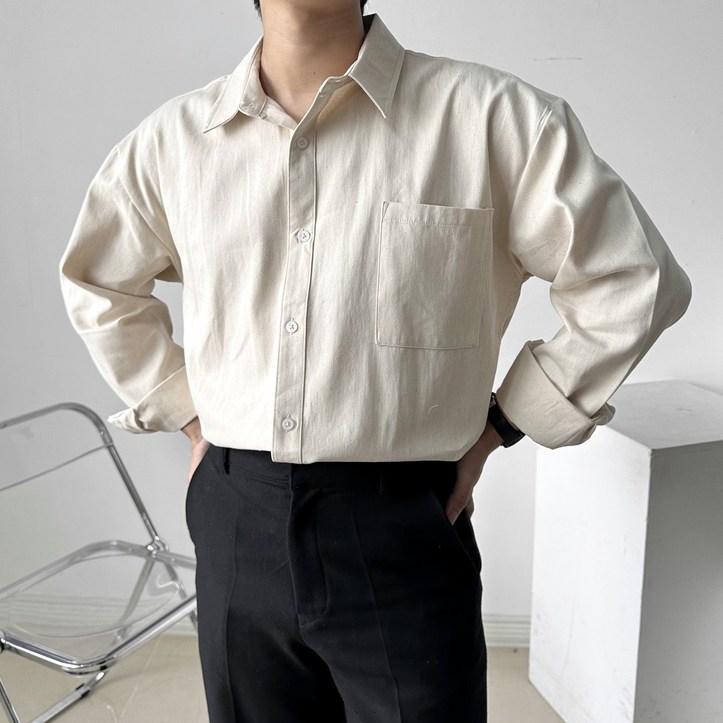 엘엑스티 남성용 내추럴 트윌 골지 루즈핏 두꺼운 긴팔 셔츠