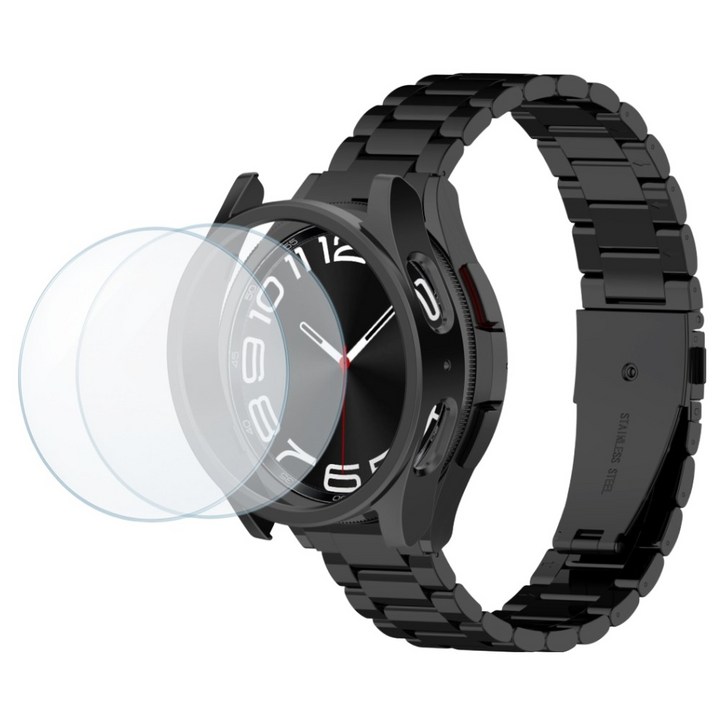 칸탐 갤럭시워치 6 클래식 메탈 스트랩  강화유리 필름  하드 케이스 세트, 블랙, 1개
