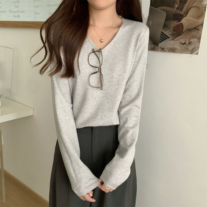 언헤브 여성용 브이넥 데일리 긴팔 니트