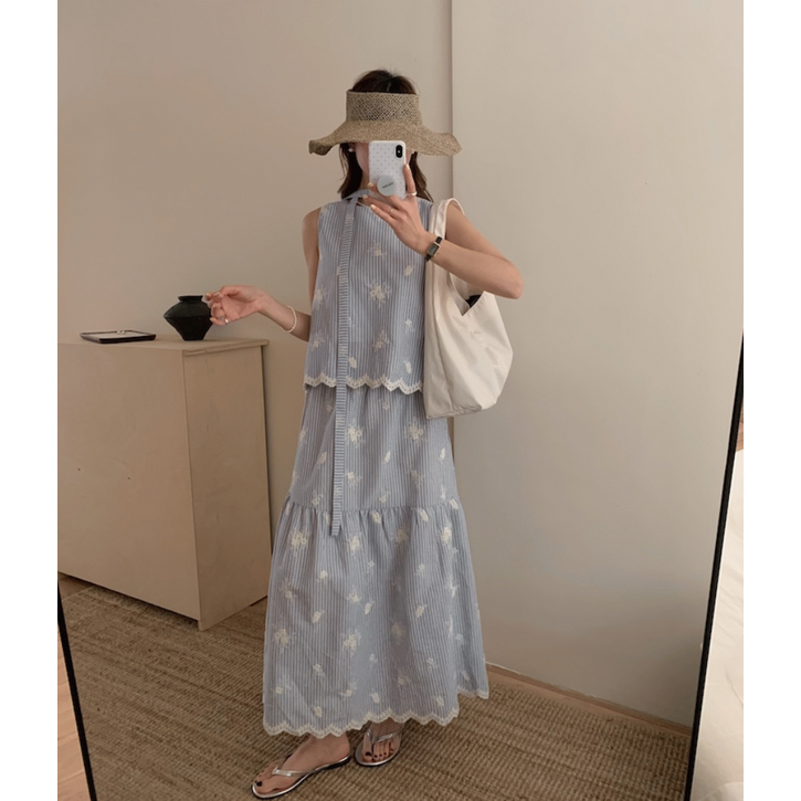 banhany코스틴 플라워 자수 블루 스트라이프 민소매 블라우스 롱 스커트 투피스