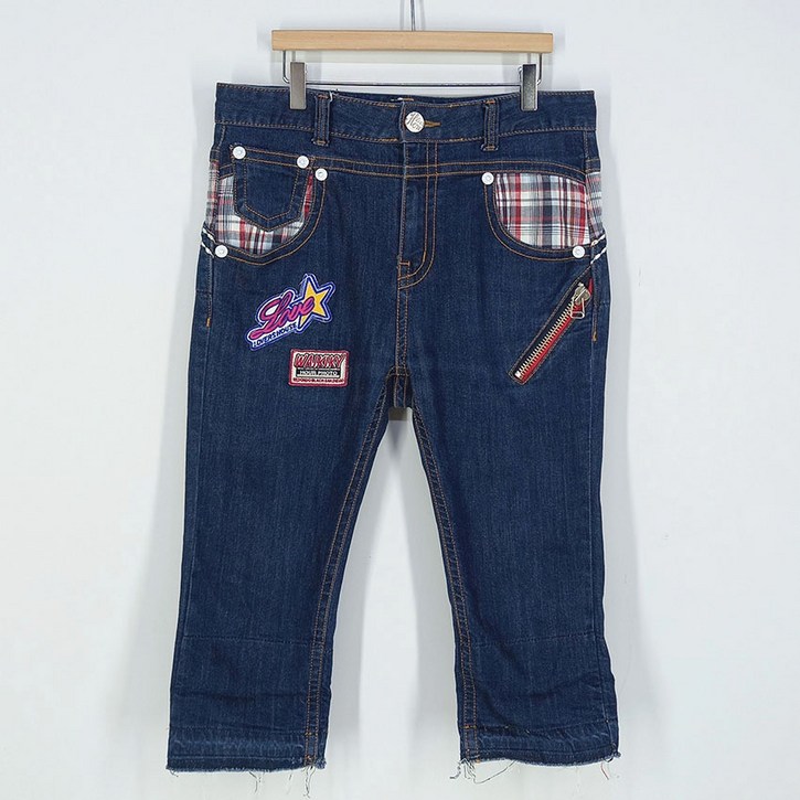 빈티지다온 하우룩 여 패치 7부 밑단체크롤업 데님팬츠 진청M