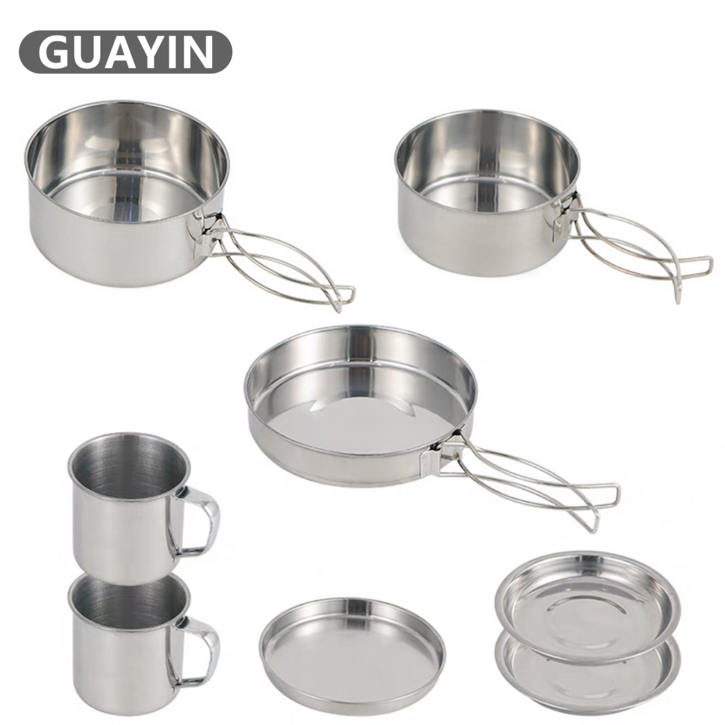 Guayin 스텐 캠핑 코펠 세트 아웃도어 야외 주방용품 식기 그릇 컵 냄비세트 8p 2-3인용 GYC090, 은색, 1세트