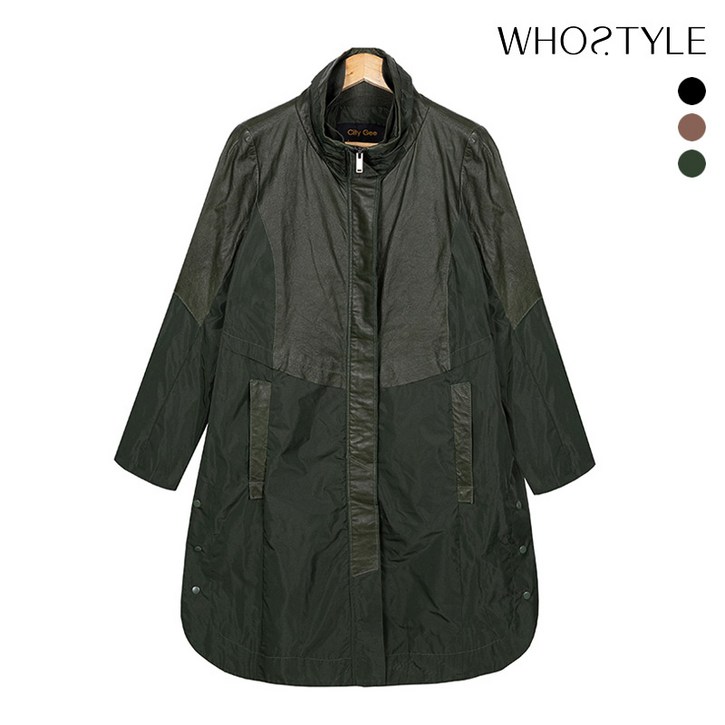 후스타일 여성 미니멈 레더 콤비 롱 자켓