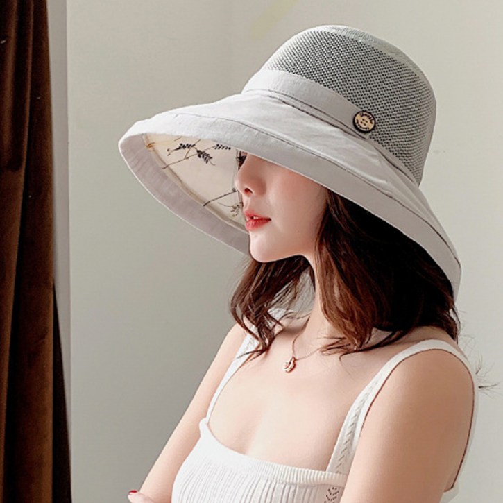 엘마운틴 버튼 포인트 여성 햇빛 자외선 차단 모자 상단 메쉬 여름 산책 휴가 버킷햇