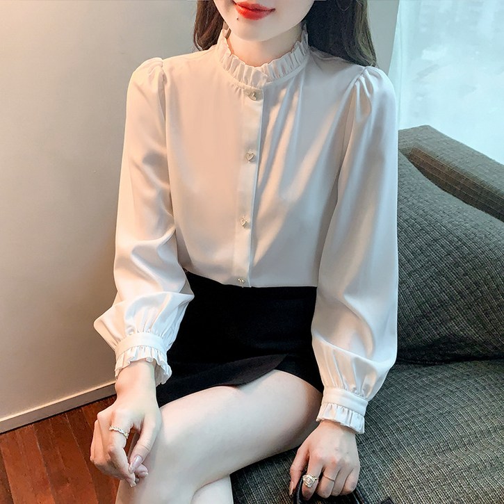 아이도스 여성 슬림핏 캐주얼 고급 패션 셔츠 새틴 쉬폰 긴팔 오피스 정장 블라우스 빅 사이즈