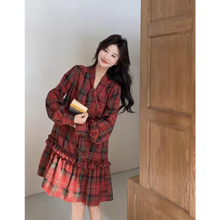 COSYEVNO 봄가을 여성 미디 긴팔 원피스 빈티지 루즈핏 체크 브이넥 꽃레이스 넥타이 치마