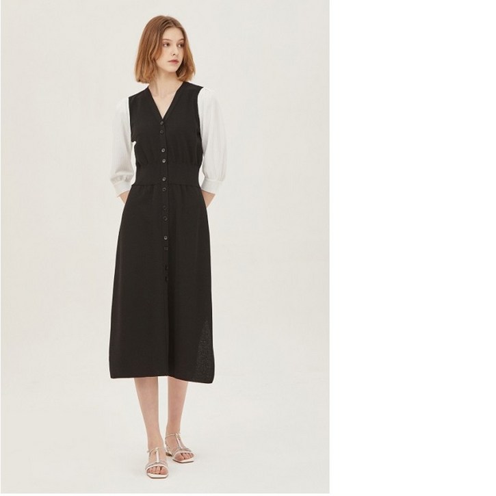 시슬리 SISLEY  슬리브 배색 롱 원피스 SAKOC1331_BK