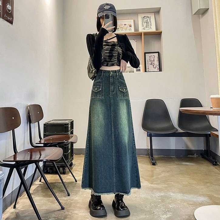 PETITBATH여성 하이웨이스트 데님 머메이드 포켓 롱스커트 캐주얼룩WZS50910