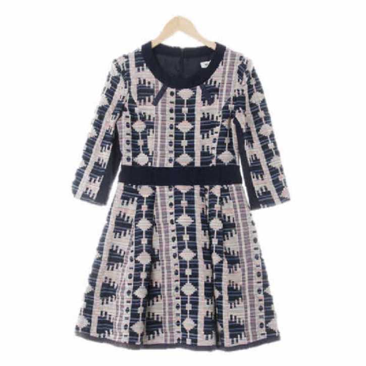 5563 mcginn 네이비샌드달러아이보리 자수스트라이프 라운드7부소매배색원피스 S