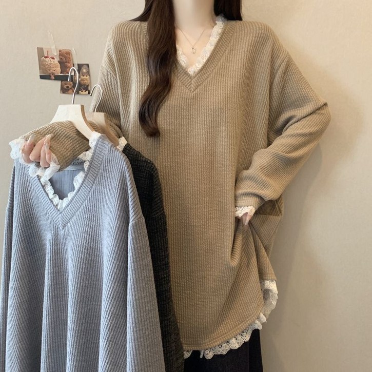 11 여성 레이스 브이넥 티셔츠 빅사이즈 롱기장 루즈핏 티셔츠 데일리룩