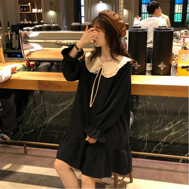 AOKADA 여성 가을 오버핏 긴팔 플리츠 프릴 미디 원피스