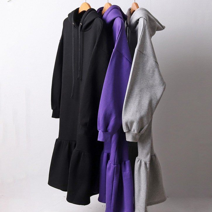 아이우먼 여자 빅사이즈 기모 후드 원피스 겨울 밑단 프릴 후디 롱 ops 캐주얼 따뜻 66120 size 여성큰옷