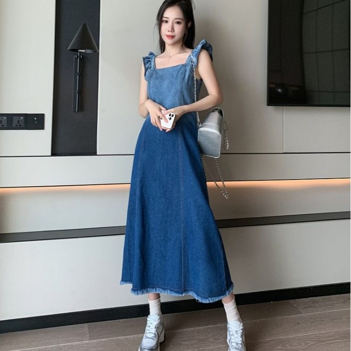 아이엠몽 여성 어깨 프릴 투톤 롱 데님 원피스